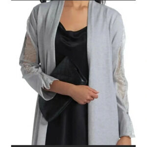 H Halston Lace Panel Long Sleeve Detail Cardigan Heather Gray Women’s XS